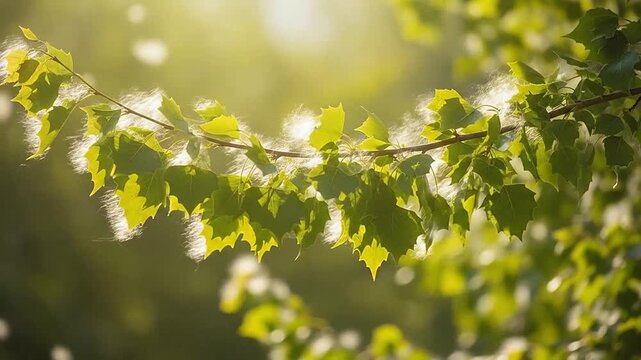 Sunlight illuminates a tree branch covered in white poplar fluff during spring