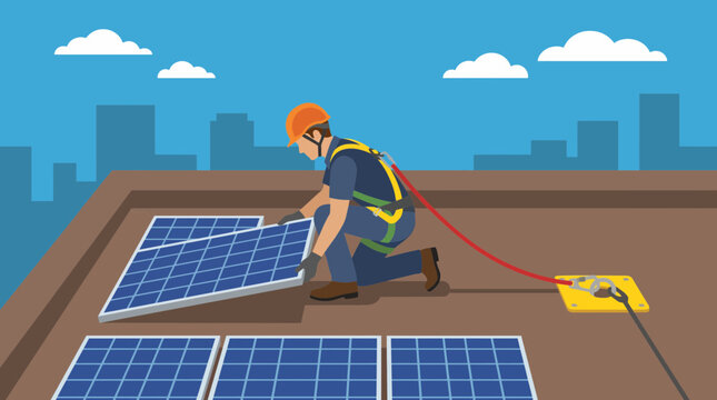 Solar Photovoltaic Installer with Fall Arrest System on Rooftop