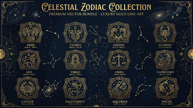 Vintage Gold Frame Chinese Zodiac Signs Vector Ornament Border Illustration Retro Antique Chinese New Year Symbol Card Template Decoration