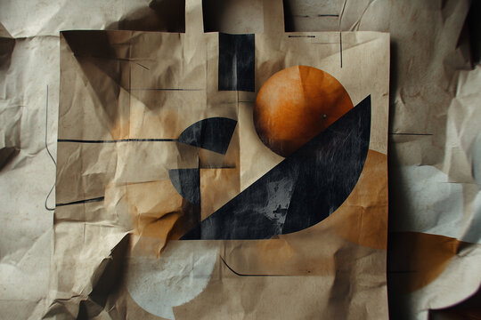Brown paper shopping bag with bold geometric shapes in black and orange. Represent eco-friendly packaging.