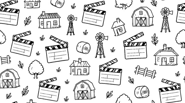 Farm and film clapperboard seamless pattern design.