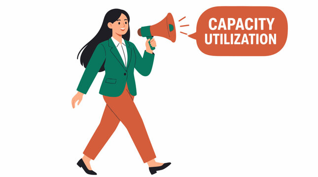 Woman with megaphone promoting capacity utilization concept.
