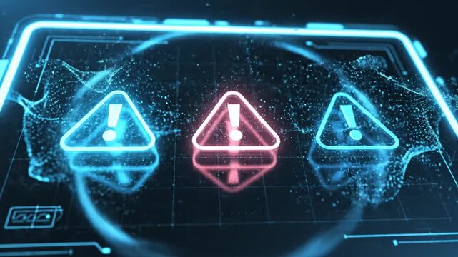 Neon warning signs glow on futuristic screen with caution symbols.
