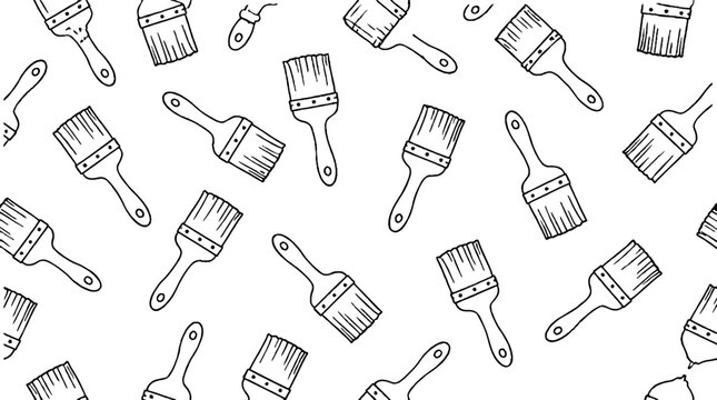 Repeating pattern of paintbrushes in black and white illustration.
