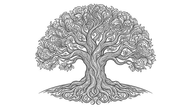 Stylized ancient tree with complex swirling branches and roots