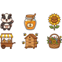 Cute Honey Bee Farm Elements: Badger, Beehive, Sunflower, Honey Jar, Cart © dek