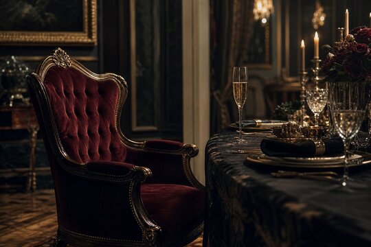 goblet. Empty velvet chair at a lavish dining table with a full champagne glass under moody lighting. lifestyle magazines.