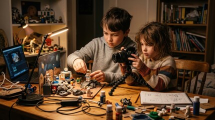 Naklejka premium Two young boys engrossed in building a complex Lego creation at a wooden desk.
