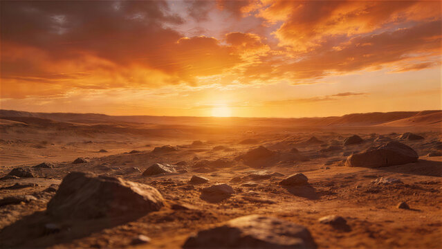 Martian Sunset: A breathtaking panorama unfolds as the sun sets over the arid, rocky terrain of Mars, casting an ethereal orange glow across the desolate landscape.