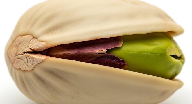 Close-up Macro Shot of a Single Pistachio Nut with Vibrant Green Kernel and Creamy Shell