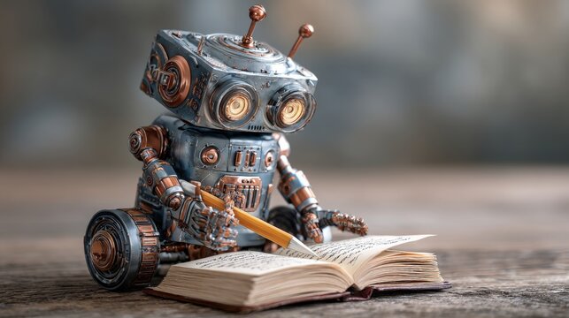 Humanoid robot writing in an open book with glowing digital interface, artificial intelligence chatbot and large language model concept, futuristic ai assistant generating knowledge, machine learning,