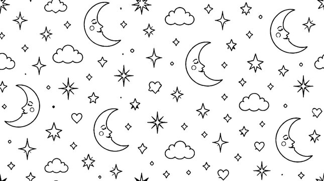 Whimsical celestial pattern with moons stars and clouds.