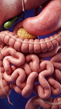Human digestive system anatomy model showing stomach, liver, and intestine. Suitable for education, presentation, animation, medical documentary.