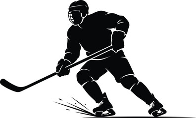 Fototapeta premium Dynamic silhouette of an ice hockey player in action, powerfully skating forward on the rink, stick ready for play, representing speed and athletic skill in winter sports competition