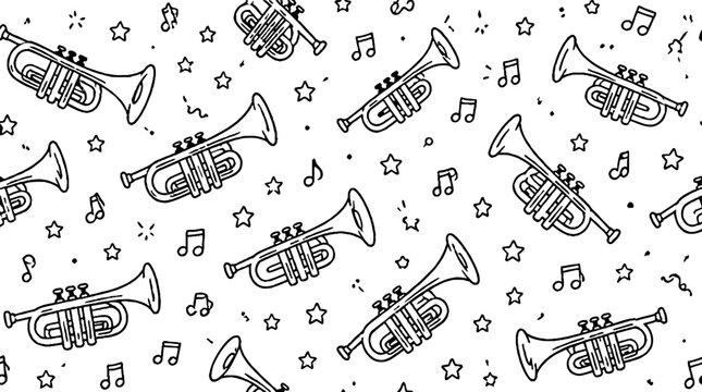 Black and white trumpet and music notes pattern design.