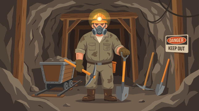 Mine Worker in Underground Tunnel with Cap Lamp and Respirator