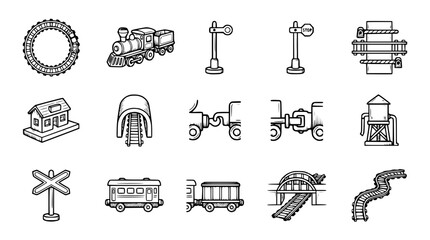 Hand-drawn Train Icons: Locomotive, Wagons, Tracks, Station, Tunnel, Bridge, Water Tower © Embun