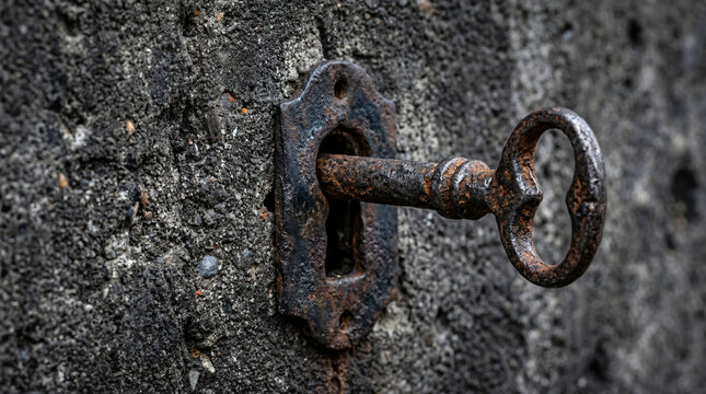 Rusty antique key inserted into an old stone wall lock plate at home