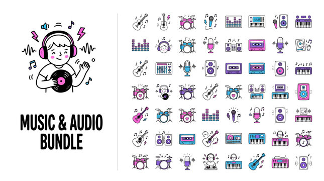 Music and audio bundle, 54 flat line icons of musical instruments and sound equipment, purple and blue podcast and dj vector set