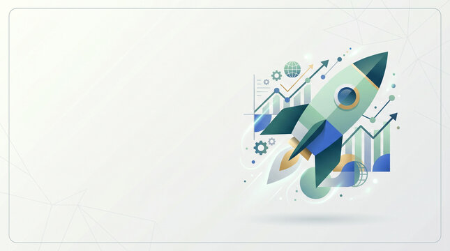 Minimalist futuristic rocket launching into abstract geometric space with glowing elements