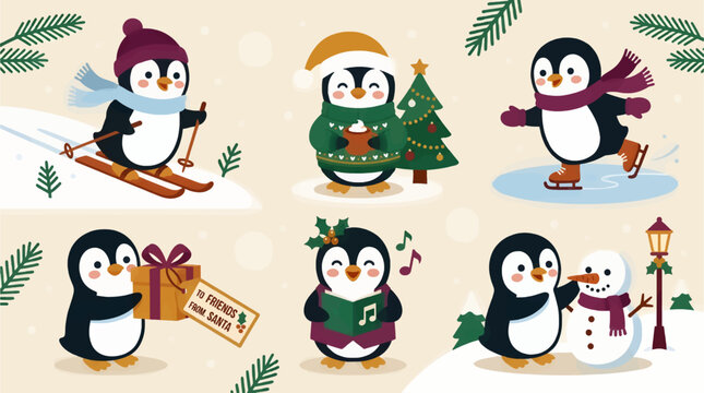 Cute Cartoon Penguins Engaging in Christmas Activities: Skiing, Ice Skating, Singing Carols, Building Snowman, and Gift Giving, Flat Vector Illustration with Holiday Elements