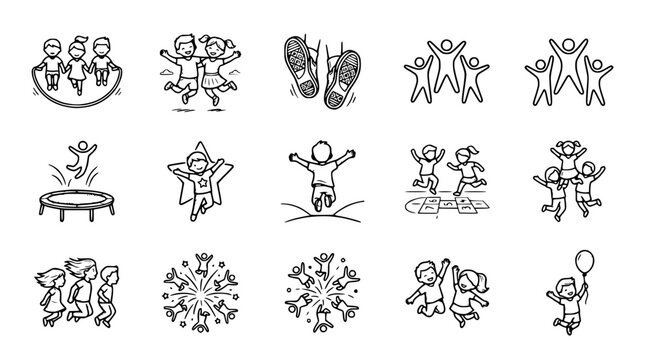 Children Jumping and Playing: Jump Rope, Trampoline, Hopscotch, Celebration, Fun