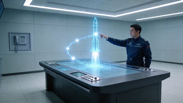Futuristic Mission Control: A man in a uniform operates a holographic display showing a rocket launch trajectory in a high-tech control room.