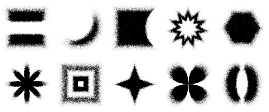 Square grain blur, snowflake noise gradient for dotted texture of sun burst. Pattern rectangle spray with modern logo for moon and star spark. Flower cloudy shape with soft y2k hexagon. Round airbrush
