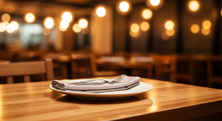 Obraz premium Restaurant Table Setting with Soft Bokeh Lights Background