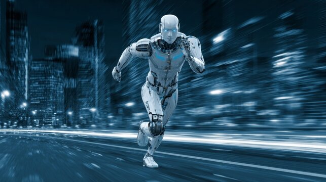 Artificial intelligence humanoid robot running through futuristic cyber space metaverse with smart city holograms, advanced digital network, virtual reality technology, data flow visualization, high s
