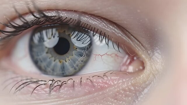 Close up macro of a blue human eye looking around with soft reflection