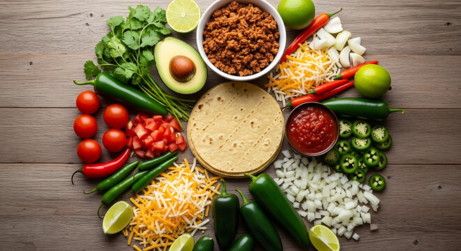 Taco Ingredients Arranged in Circle on Wooden Table - Overhead View