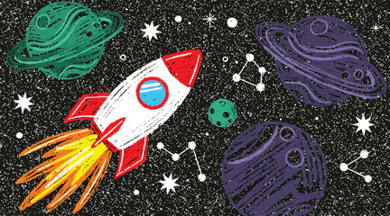 Retro Rocket Ship Launching into Outer Space Among Stylized Planets and Stars, Cosmic Exploration Concept Art for Science and Adventure © Salim rantisqa