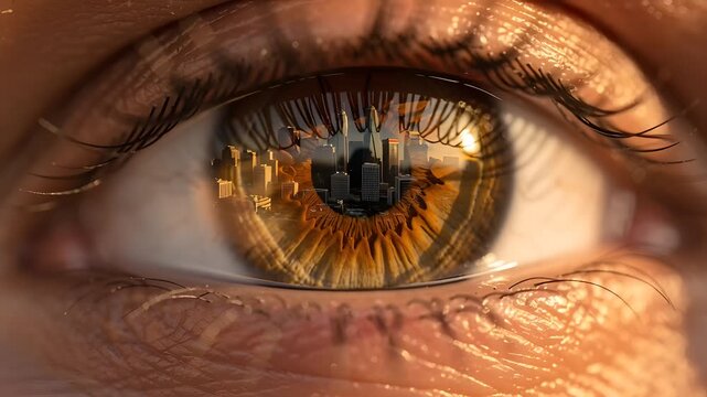 Macro shot of human eye with future city skyline reflection in the iris