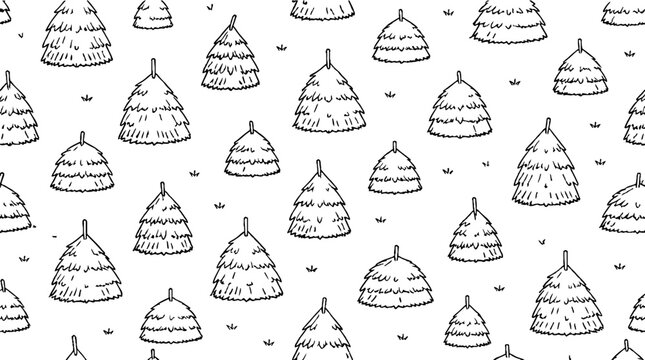 Repeating pattern of traditional beehive skeps in black and white.