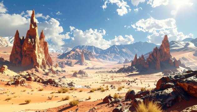 Arid desert landscape with tall red rock spires.