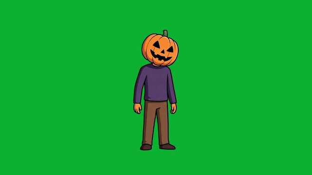 2D animated Halloween pumpkin head character standing idle on a green screen background for video compositing.