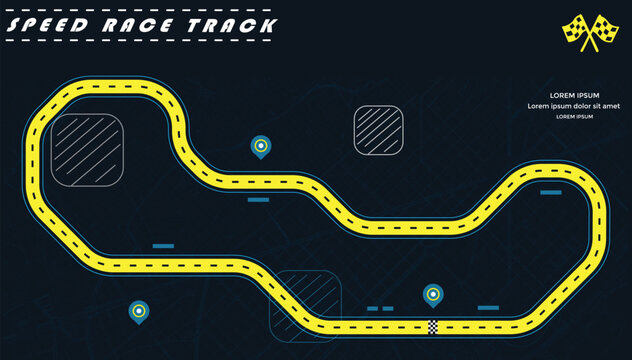 Road track or Race track in yellow color isolated on dark background with a street map.