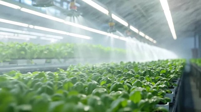 Automated irrigation system spraying water on green leafy vegetables in a modern vertical farm