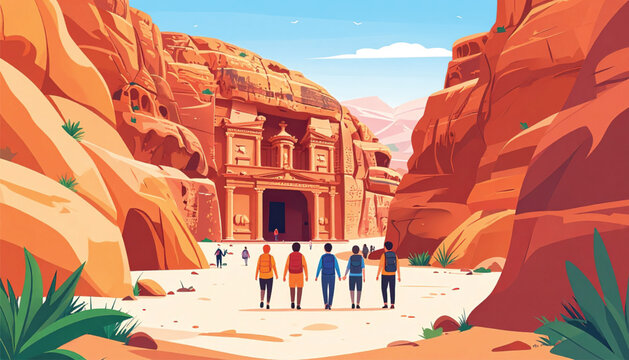 People walking towards ancient temple.