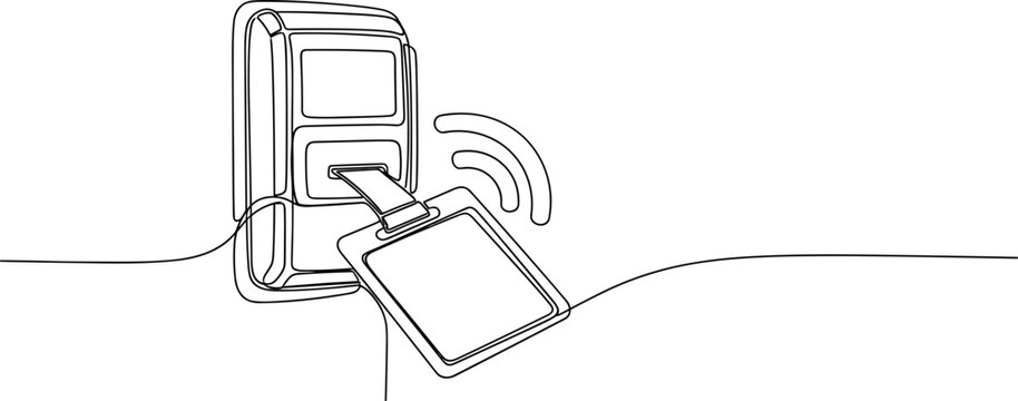 Access control card reader with key card and wifi signal, one line drawing.