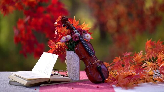 Autumn music. Violin fall composition. Outdoor autumn music art with maple foliage. Music book opens beside violin. Music notes in open book. Autumn sounds feels romantic.
