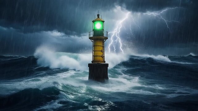 Green navigation buoy buoy signaling in rough ocean storm beacon waves sea navigation maritime beacon waves sea navigation