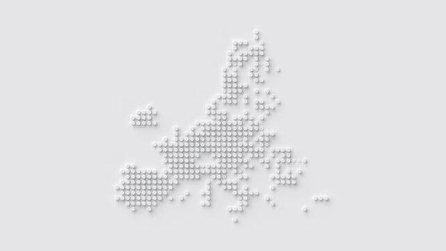 Minimalist animation of a map of European Union, composed of white volumetric cylinders on a light background, gradually assembles to form a map of the country, creating a modern infographic style.