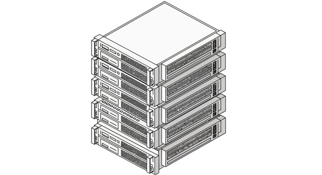 Isometric line art illustration of a five-layer blade server stack representing network database hardware
