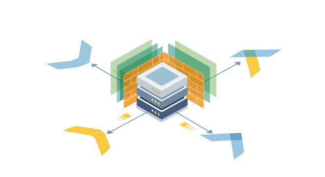 Isometric digital server cluster shielded by protective firewalls with data flow arrows representing secure information network architecture