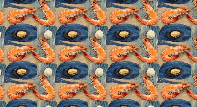 Seamless pattern of cooked prawns and mussels on a sandy beach with blue water.