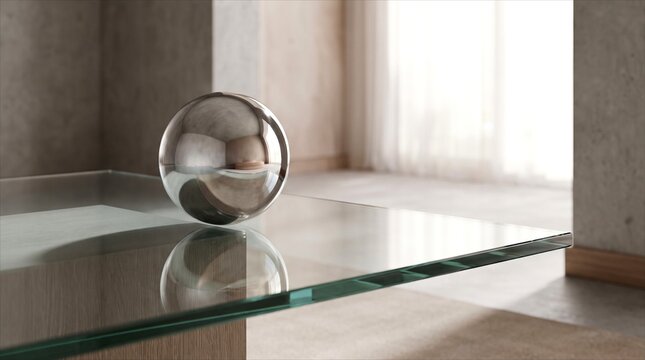 Silver Sphere on Transparent Glass Surface