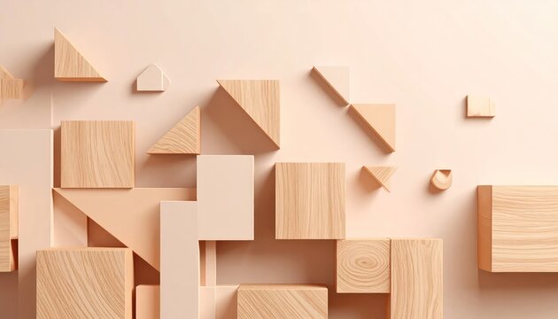Creative 3D abstract geometric wood block composition.