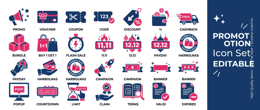 Promotion Icon Set: Sale, Discount, Voucher, Coupon, Cashback, Bundle, Payday